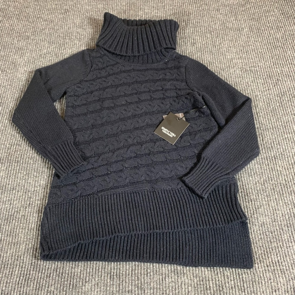 Simply Vera Wang Sweater Womens Small Blue Turtleneck Cable Knit‎ Chunky Comfort